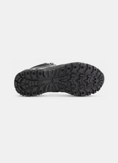 Black hiking boot sole on a white background