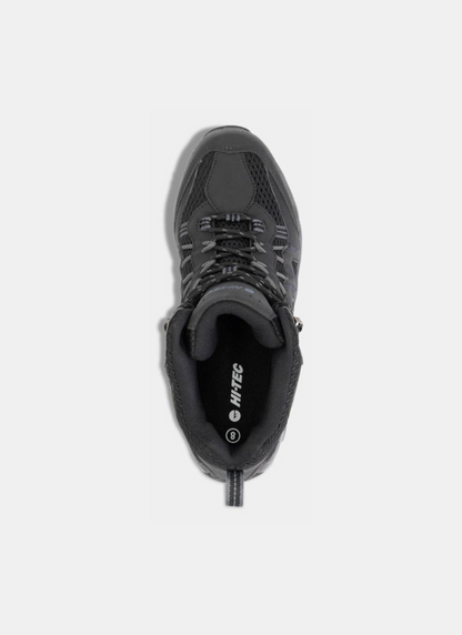 Black hiking boot with visible brand logo on a white background