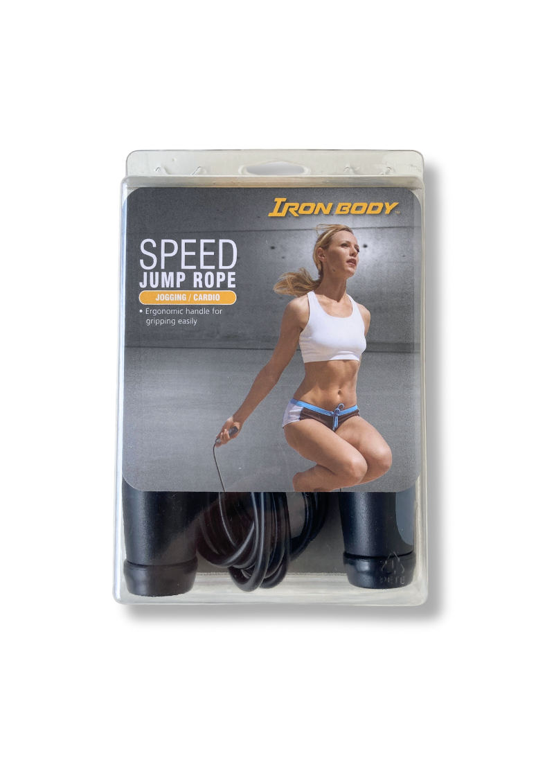 Speed jump rope packaging with a woman and product on a white background