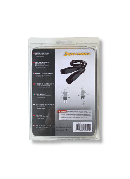 Packaged jump rope with 'Iron Body' branding on a white background