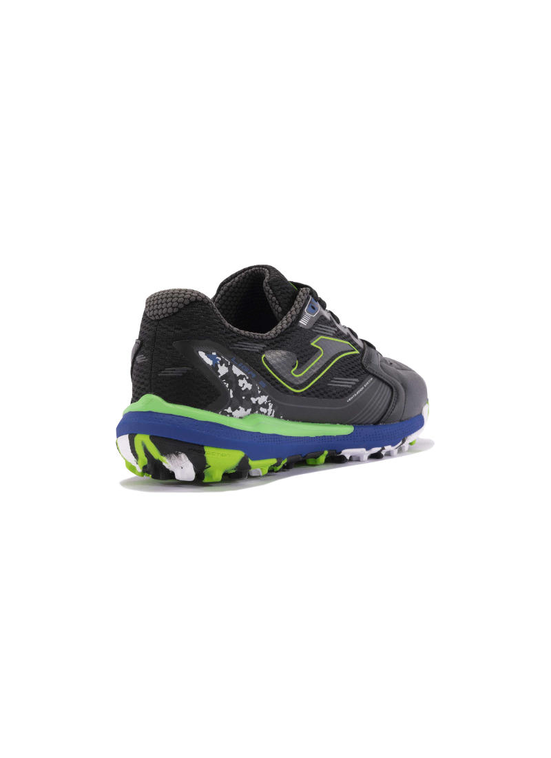 Joma Liga 5 men's turf football boots angled rear view showing black mesh upper, royal blue midsole, lime green accents, and multi-stud outsole