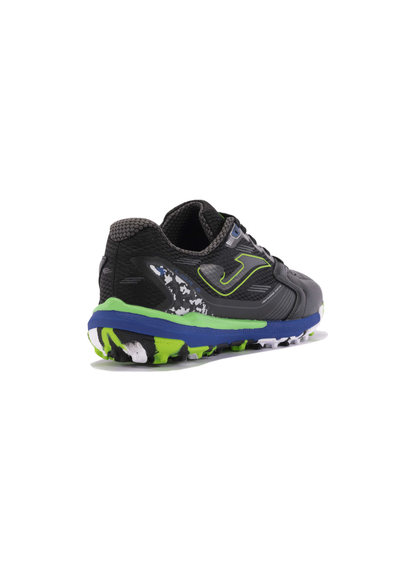 Joma Liga 5 men's turf football boots angled rear view showing black mesh upper, royal blue midsole, lime green accents, and multi-stud outsole