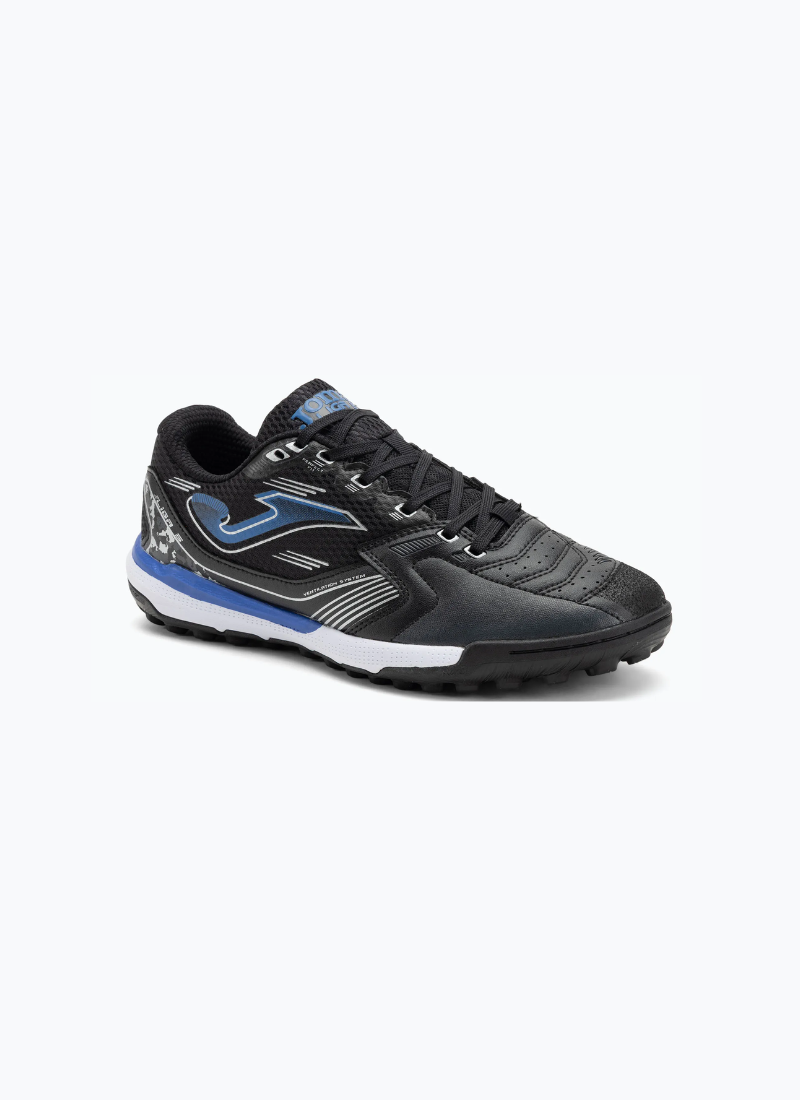 Joma Liga 5 men's turf football boots angled front view showing black synthetic upper, royal blue Joma logo, ventilation system detail, and multi-stud outsole