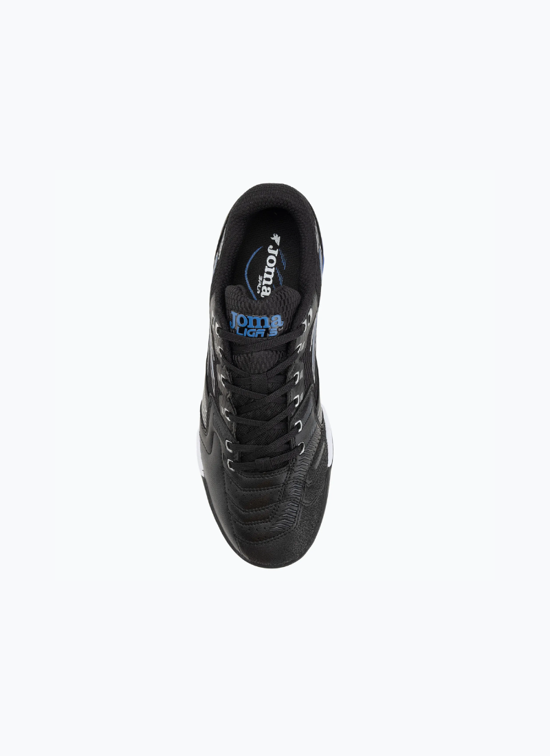 Joma Liga 5 men's turf football boots overhead view showing black lace-up upper and Liga 5 branded insole