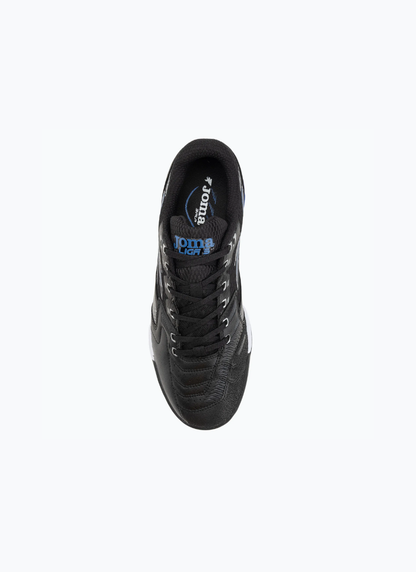 Joma Liga 5 men's turf football boots overhead view showing black lace-up upper and Liga 5 branded insole