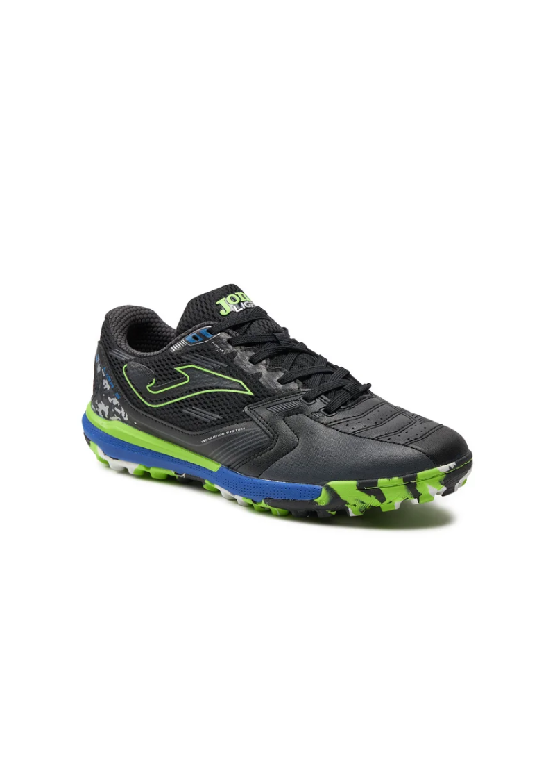 Joma Liga 5 men's turf football boots angled front view showing black synthetic upper, Joma branding, lime green logo, royal blue midsole, and camo-print toe panel