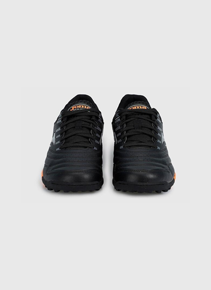 Direct front view of the pair of Joma Maxima 2301 turf football shoes highlighting the stitched black toe caps, black laces, and orange Joma logos on the tongues.