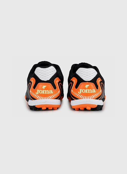 Direct back rear view of the pair of Joma Maxima 2301 turf football shoes showing orange heel counters printed with white "Joma" text and white mesh collar inserts.