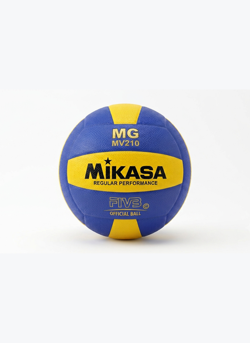 Blue and yellow volleyball with Mikasa MV210 branding on a white background