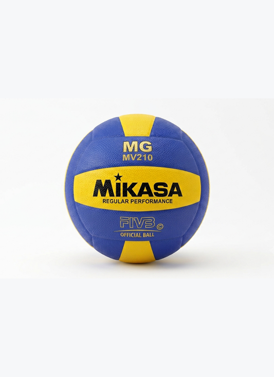 Blue and yellow volleyball with Mikasa MV210 branding on a white background