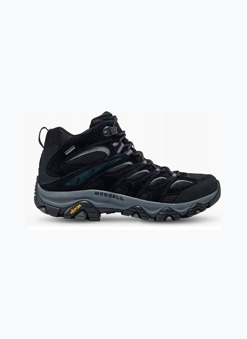Black hiking boot with gray accents on a white background