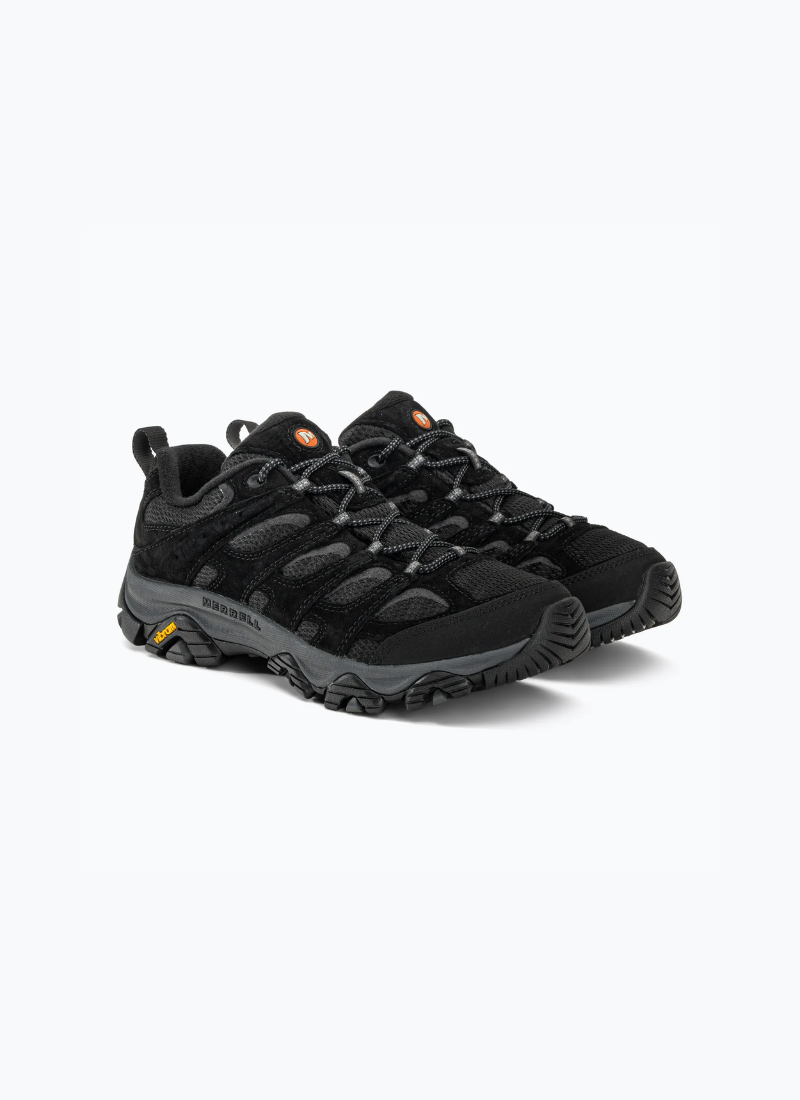 Pair of Merrell Moab 3 Vent men's hiking shoes in Black Night shown at a three-quarter angle against a white background.