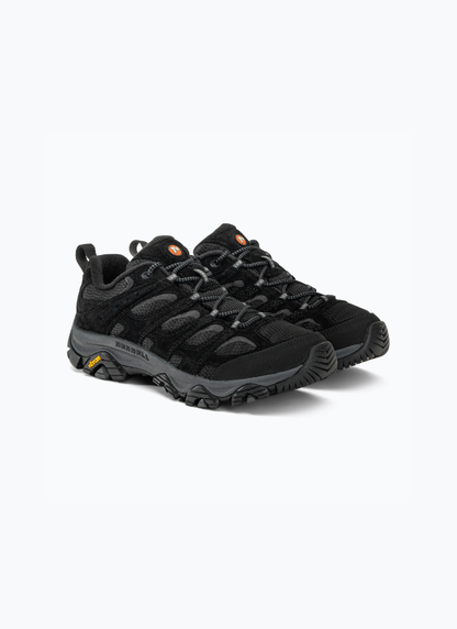 Pair of Merrell Moab 3 Vent men's hiking shoes in Black Night shown at a three-quarter angle against a white background.