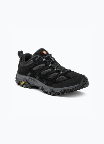 Three-quarter angled view of the right Merrell Moab 3 Vent hiking shoe in Black Night showing the suede upper, mesh panels, and Vibram lugged outsole.