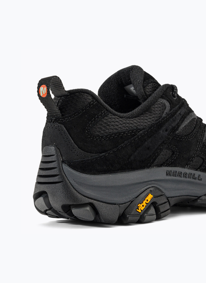 Close-up of the lateral rear heel of the Merrell Moab 3 Vent, displaying the textured heel counter, midsole logo embossing, and yellow Vibram brand badge.