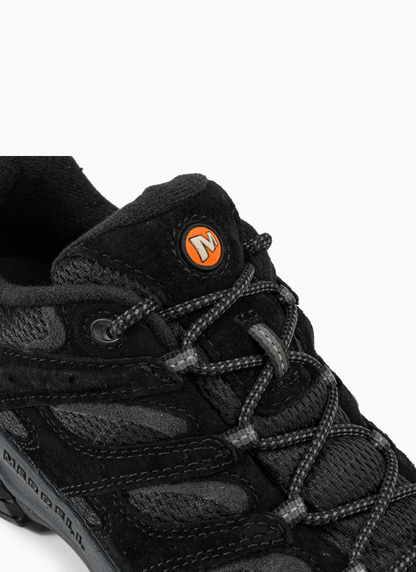 Close-up view of the tongue and lacing structure of the Merrell Moab 3 Vent, showing the woven patterned laces and circular orange 'M' logo badge.
