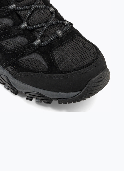 Close-up shot of the toe box on the Merrell Moab 3 Vent in Black Night, highlighting the breathable mesh paneling and reinforced rubber toe cap.