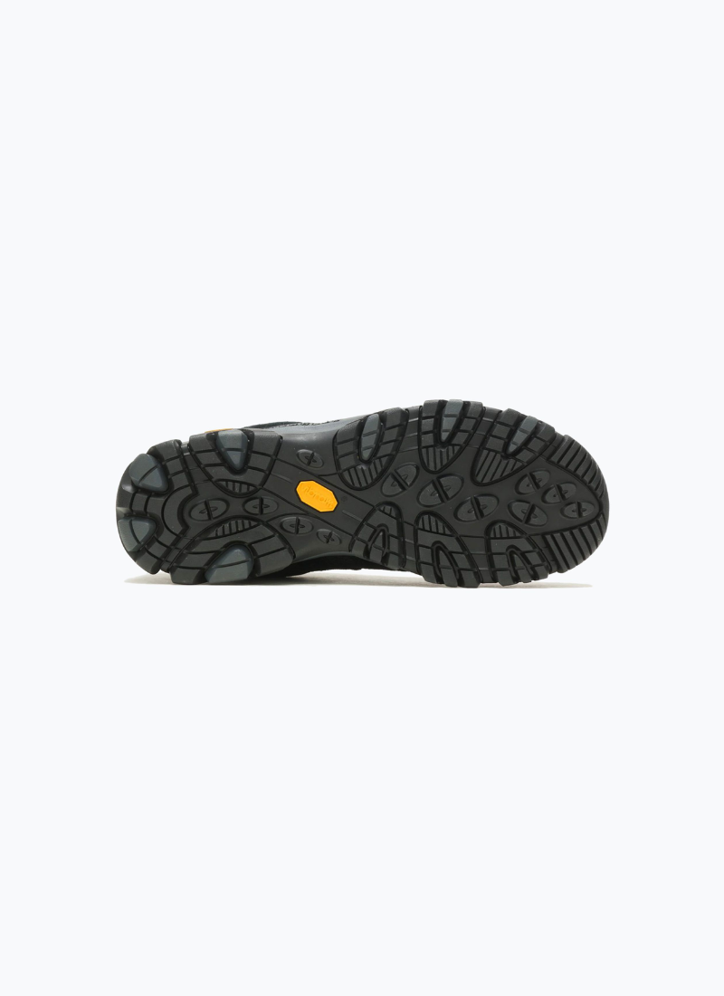 Bottom view of the Merrell Moab 3 Vent shoe, showcasing the black Vibram TC5+ tread pattern with multi-directional lugs and central yellow Vibram logo.