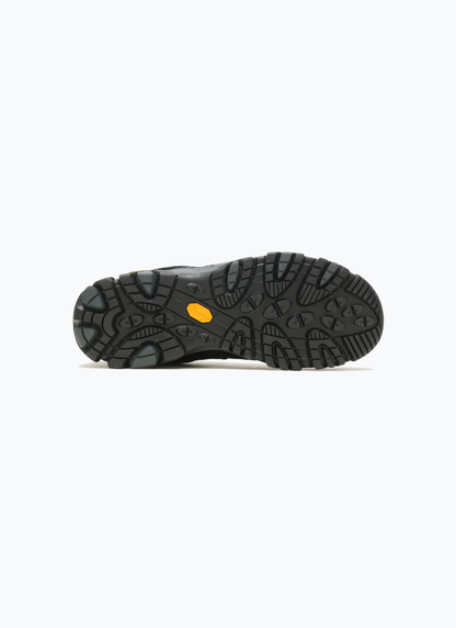 Bottom view of the Merrell Moab 3 Vent shoe, showcasing the black Vibram TC5+ tread pattern with multi-directional lugs and central yellow Vibram logo.