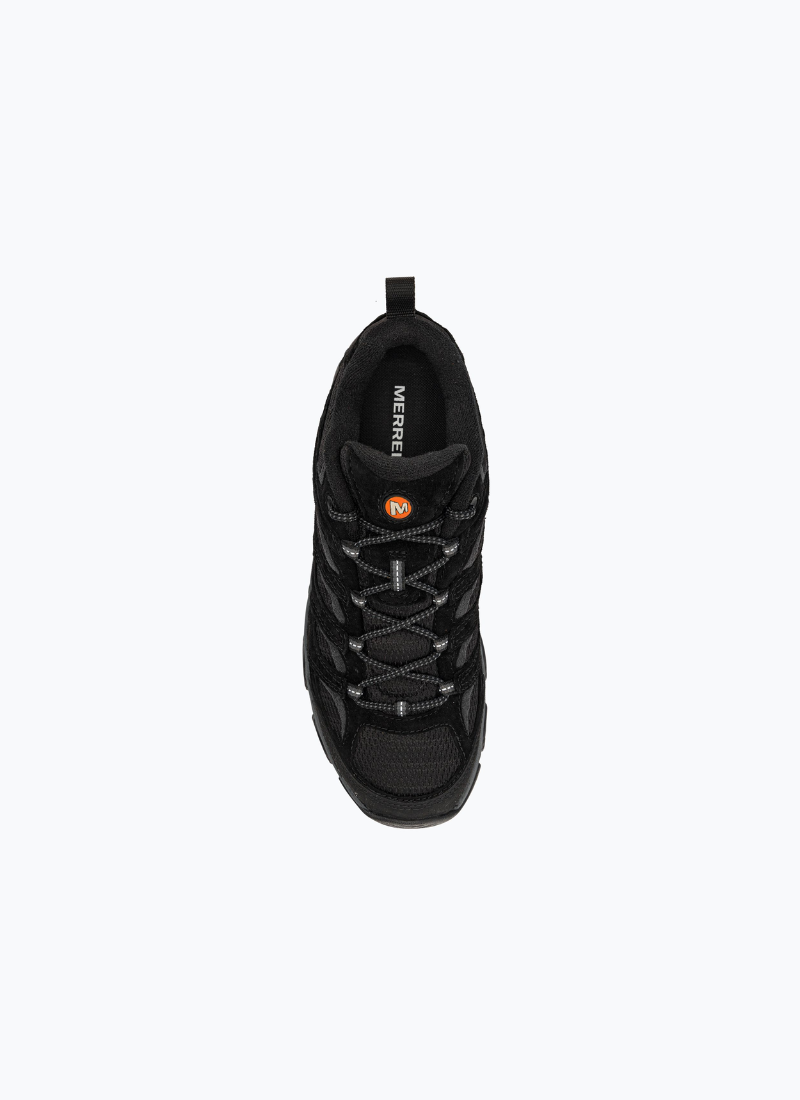 Top-down view of the Merrell Moab 3 Vent shoe in Black Night, showing the lacing system, padded collar, and orange logo on the tongue.