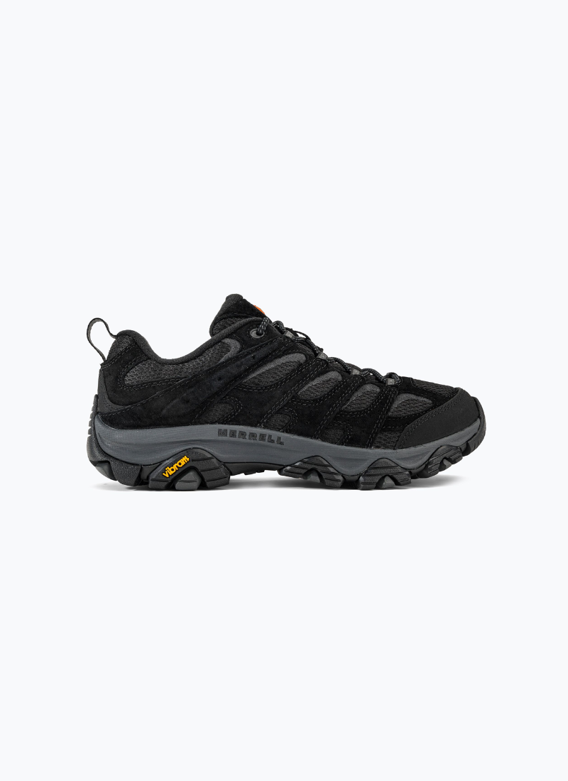 Profile view of the lateral side of the Merrell Moab 3 Vent shoe in Black Night, displaying the dark grey midsole and yellow Vibram logo badge.