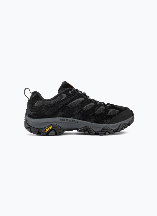 Profile view of the lateral side of the Merrell Moab 3 Vent shoe in Black Night, displaying the dark grey midsole and yellow Vibram logo badge.