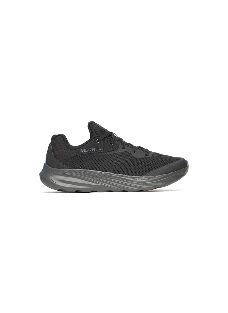 Black athletic shoe with gray sole on a white background
