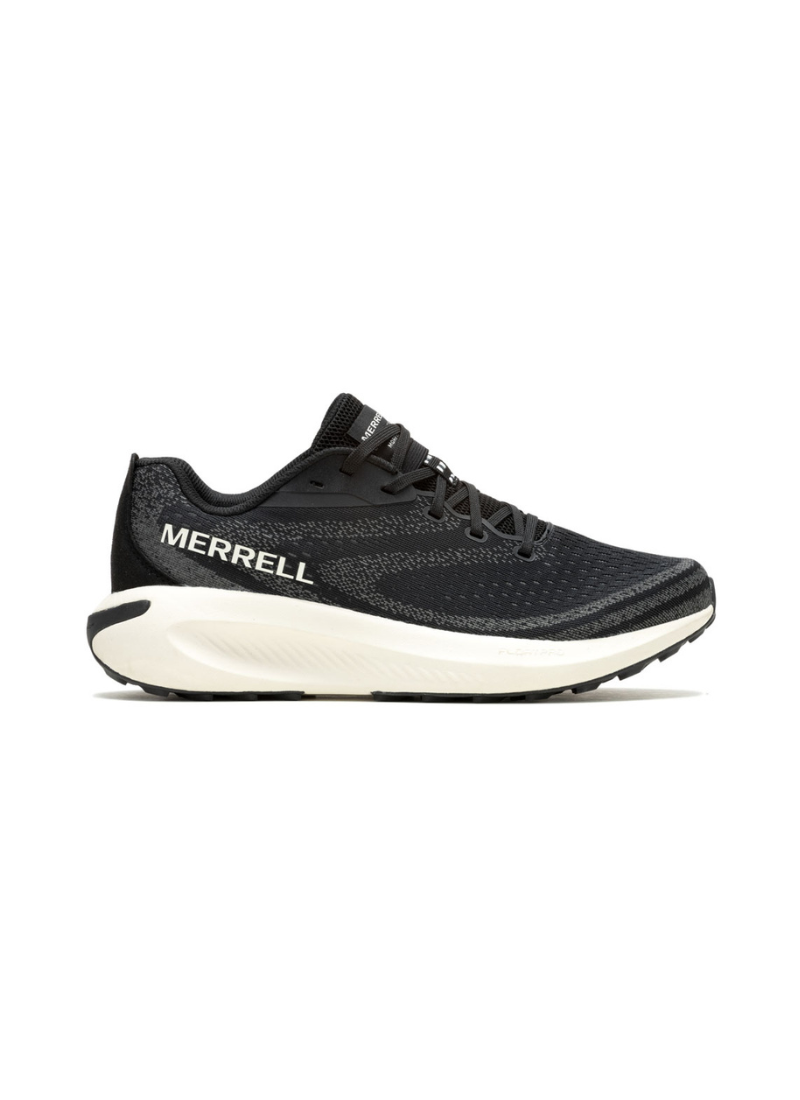 Black Merrell running shoe on a white background