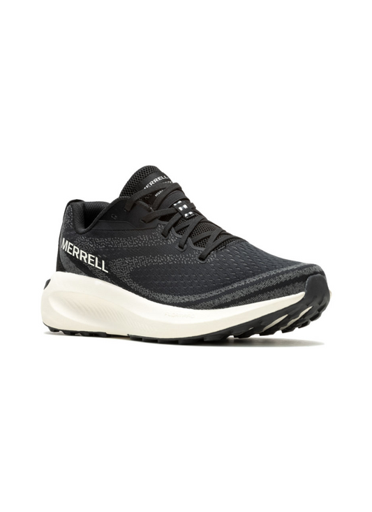 Black Merrell running shoe on a white background, angle shot.
