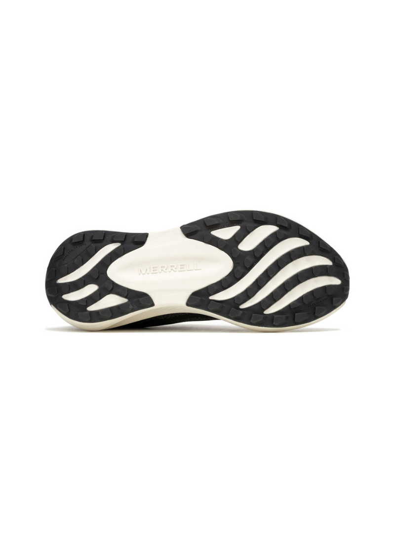 Close-up of a merrell morphlite sole with a brand logo on a white background