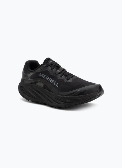 Merrell ProMorph men's trail running shoe in black, angled front-side view showing mesh upper and lugged outsole