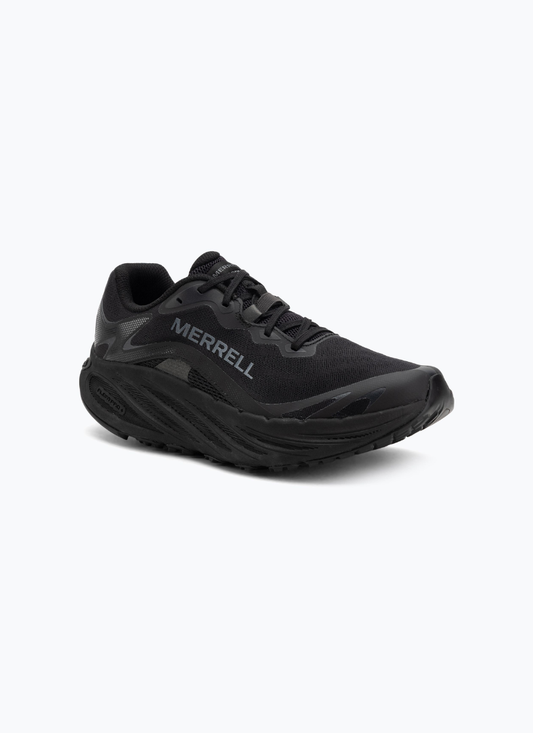Merrell ProMorph men's trail running shoe in black, angled front-side view showing mesh upper and lugged outsole