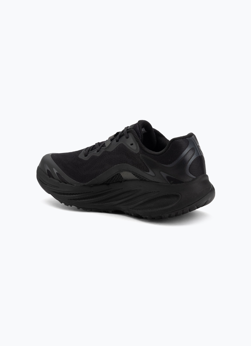 Merrell ProMorph men's trail running shoe in black, angled rear view showing heel construction and midsole