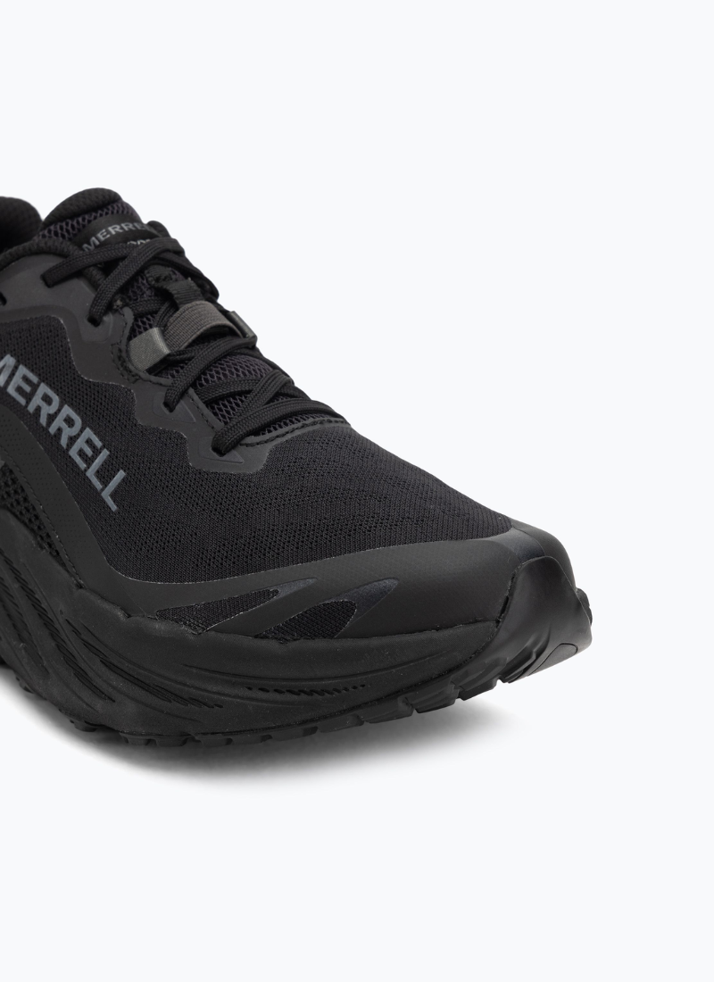 Close-up of Merrell ProMorph men's trail running shoe in black, showing toe box, laces, and mesh detail