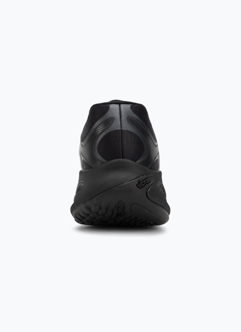 Merrell ProMorph men's trail running shoe in black, rear view showing Vibram outsole and heel cup