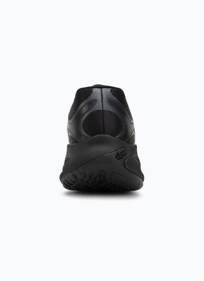 Merrell ProMorph men's trail running shoe in black, rear view showing Vibram outsole and heel cup