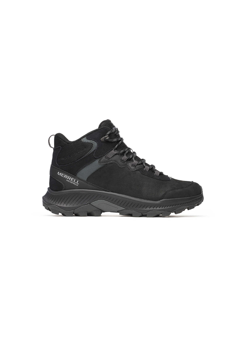 Black Merrell hiking boot with brand logo on a white background