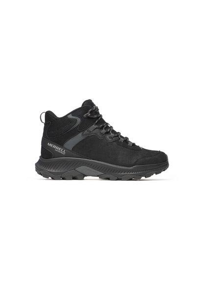 Black Merrell hiking boot with brand logo on a white background