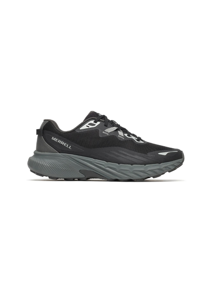 Black Merrell Men's Agility trail running shoes, side view, on white background