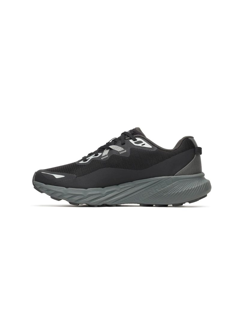 Black Merrell Men's Agility trail running shoes, profile view, on white background