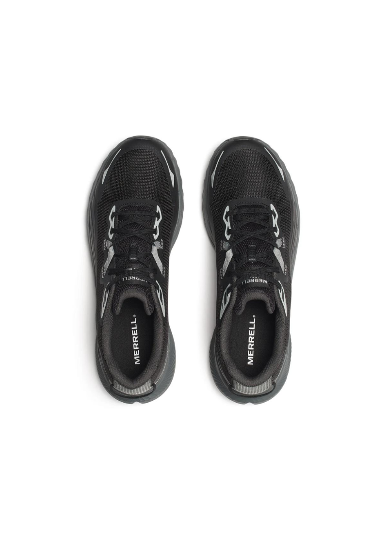 Black Merrell Men's Agility trail running shoes, top view, on white background