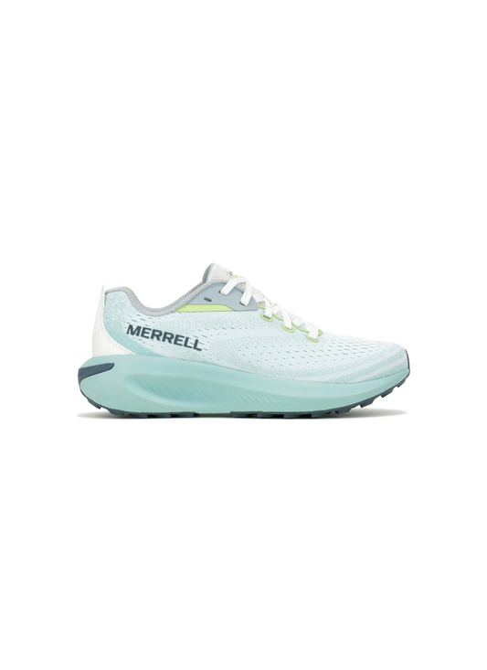 Light blue running shoe with 'Merrell' branding on a white background