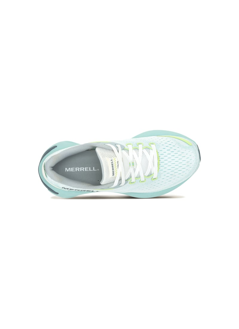 Merrell Morphlite Light blue running shoe with white laces on a white background, top view