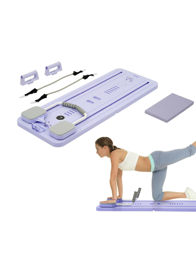 Pilates sliding board with resistance bands and knee pad, shown with a woman performing a rear leg lift exercise on the board.