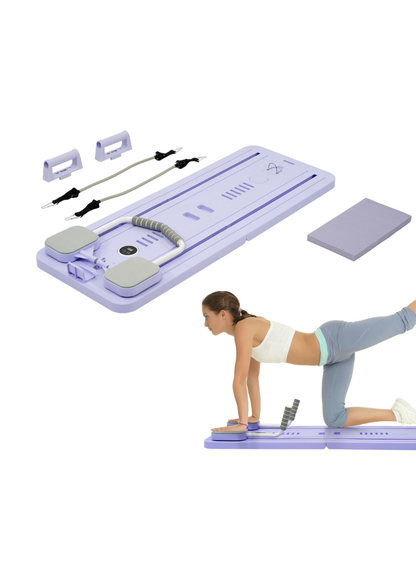 Pilates sliding board with resistance bands and knee pad, shown with a woman performing a rear leg lift exercise on the board.