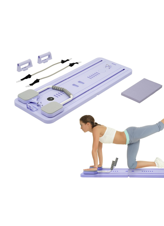 Pilates sliding board with resistance bands and knee pad, shown with a woman performing a rear leg lift exercise on the board.