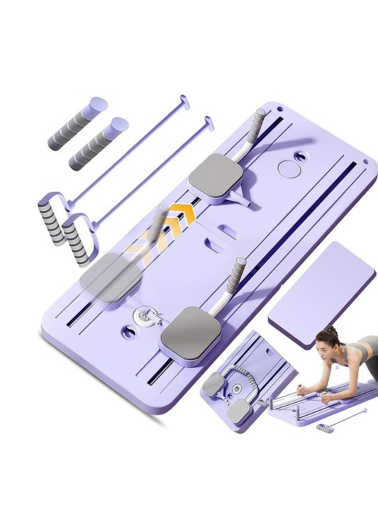 Pilates sliding board in purple with resistance bars, handles, knee pad, and gliding tracks shown in a flat lay layout.