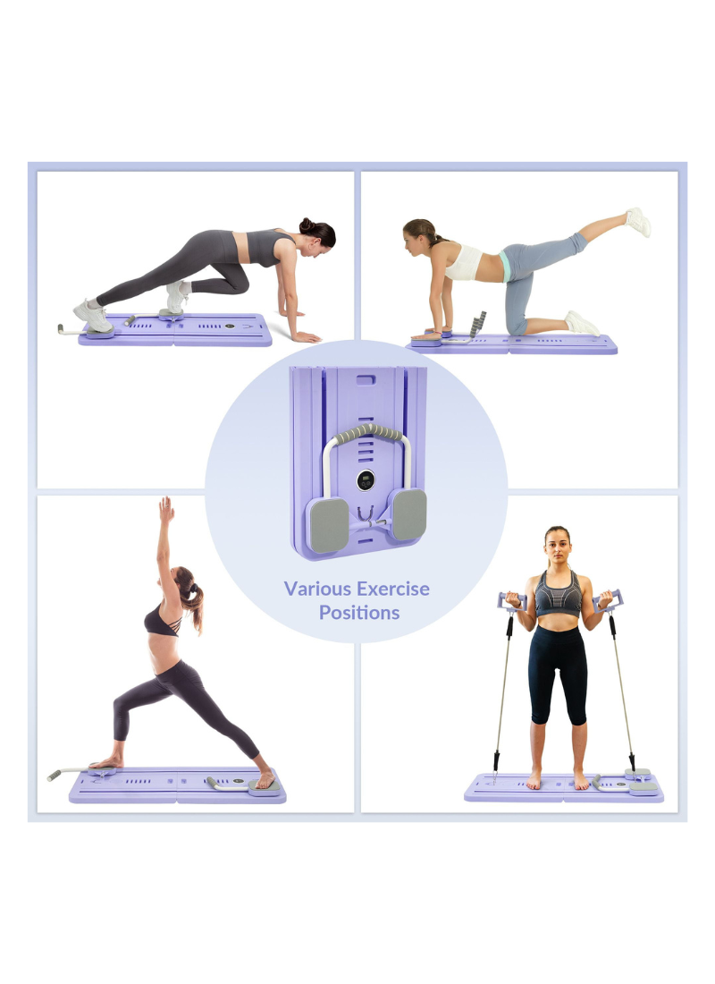 Four women demonstrating different Pilates and full-body exercises on the purple sliding board, highlighting its various workout positions.