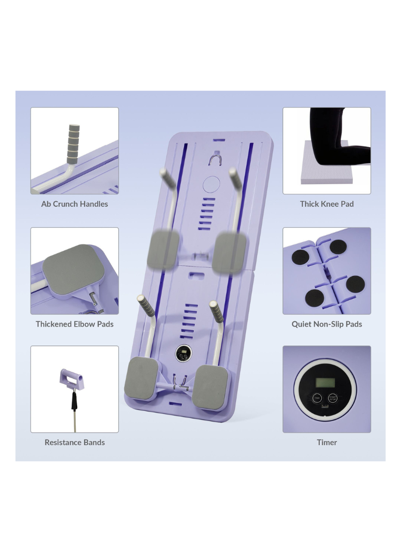 Close-up features of the Pilates sliding board including ab crunch handles, thick knee pad, elbow pads, non-slip pads, resistance bands, and built-in timer.