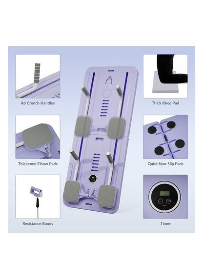 Close-up features of the Pilates sliding board including ab crunch handles, thick knee pad, elbow pads, non-slip pads, resistance bands, and built-in timer.